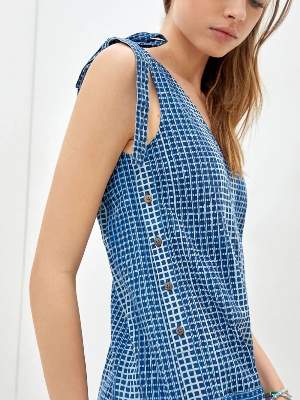 Anthropologie Kopal Womens Blue Checker Tie-Shoulder Wide Leg Jumpsuit Size XS - Picture 2 of 15